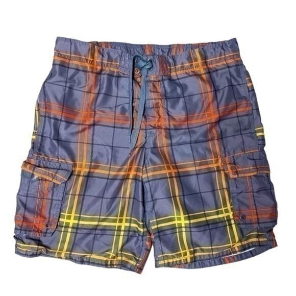 OP Swim Trunks Size Medium 32-34 Gray Plaid neon - Picture 1 of 9